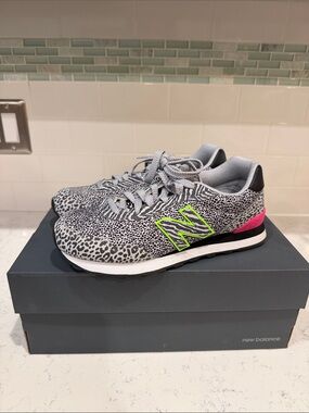 New Balance Grey Leopard-Print Sneakers with Neon Green and Pink Accents